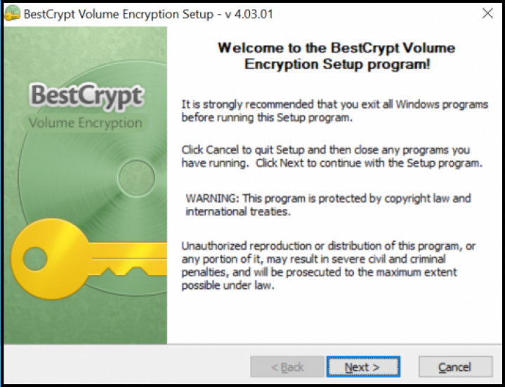 Screenshot initial setup of BestCrypt Volume Encryption
