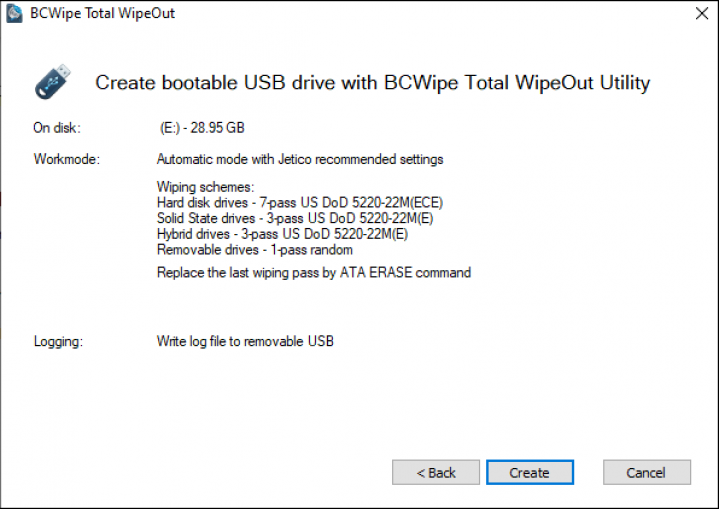 Create bootable USB drive BCWipe TWO screenshot