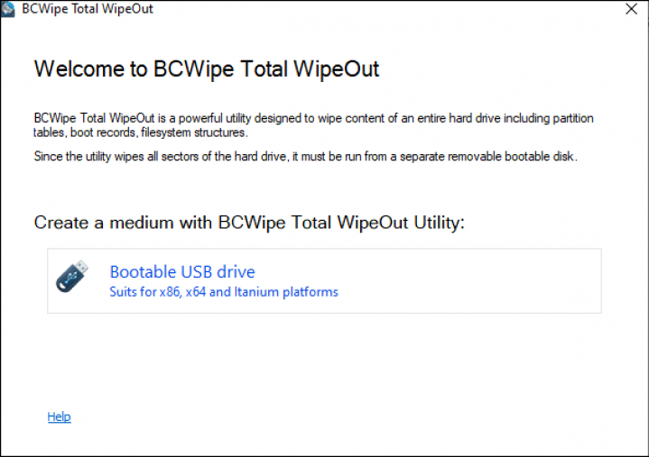 Select bootable USB drive BCWipe TWO screenshot