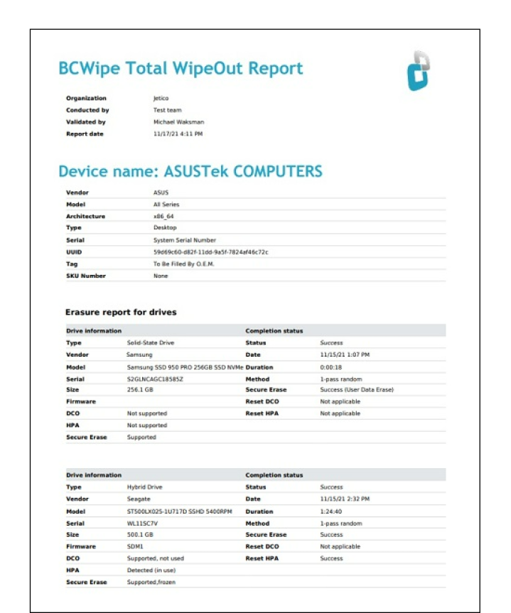 Hard disk wiping report sample version 5