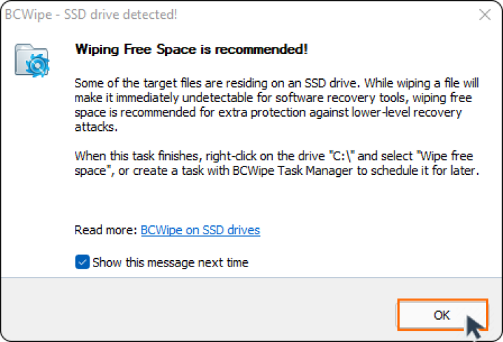 A screenshot showing how to wipe free space in SSD with BCWipe
