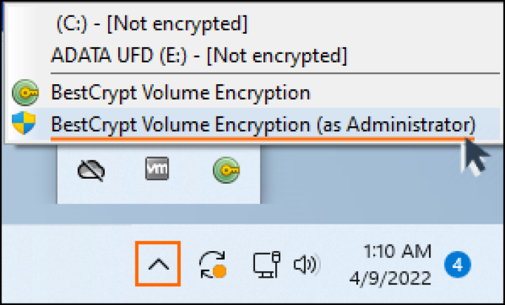 A screenshot showing how to start BestCrypt Volume Encryption