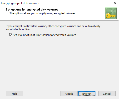 Set Mount At Boot Time option to encrypt group of volumes