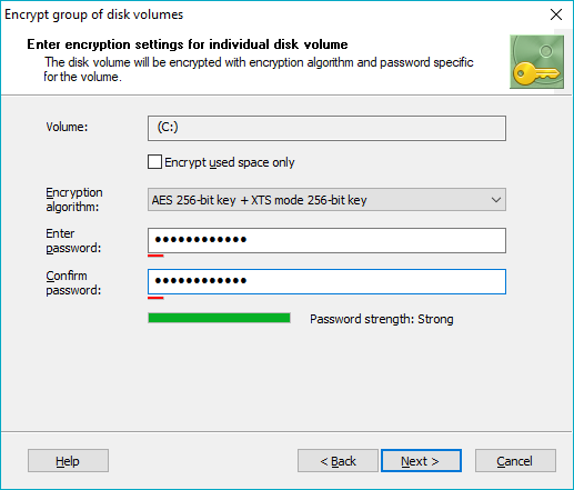 Choose settings to encrypt group of volumes