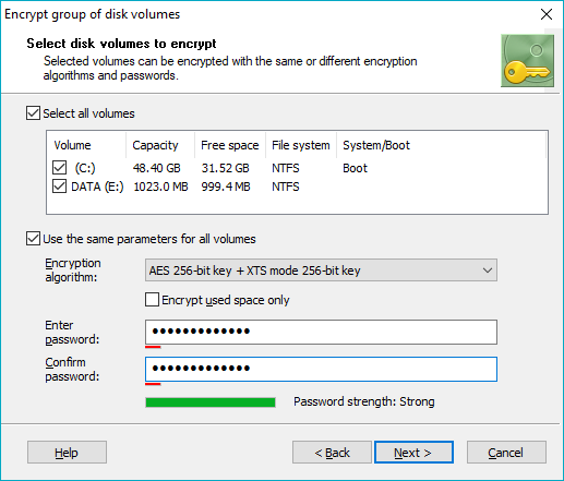 Choose settings to encrypt group of volumes