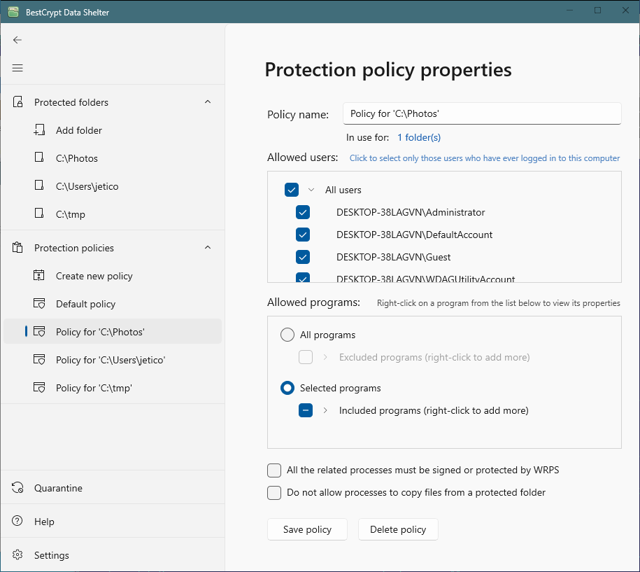 Editing BestCrypt Data Shelter policy