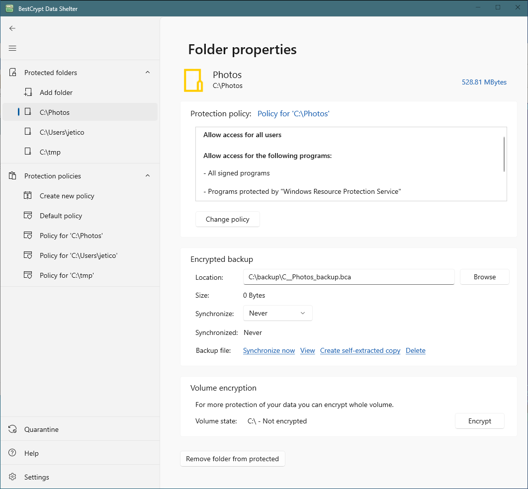Properties of the protected folder