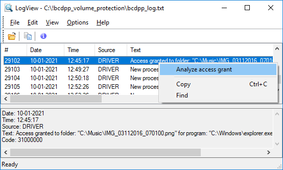 Context menu for the log string about access to the protected folder