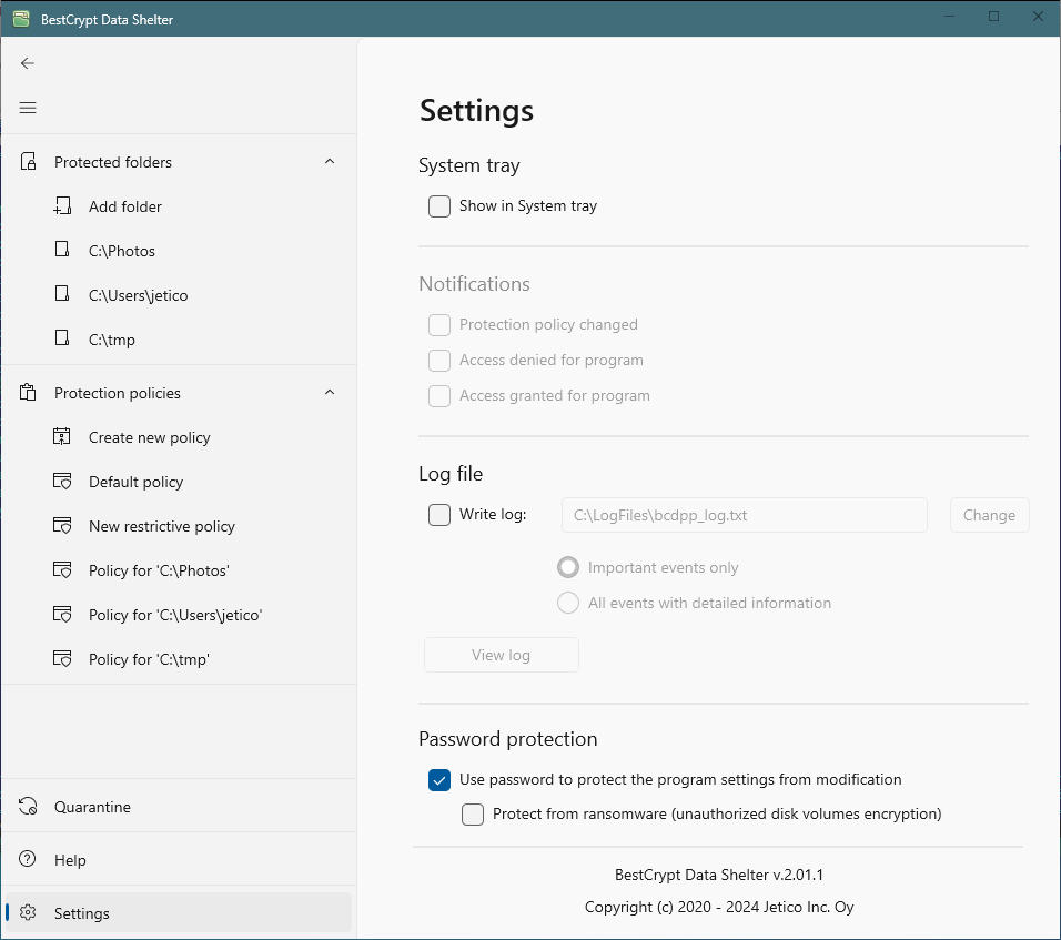 Password protection settings