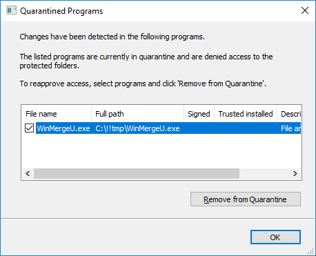 Dialog window with the list of quarantined programs