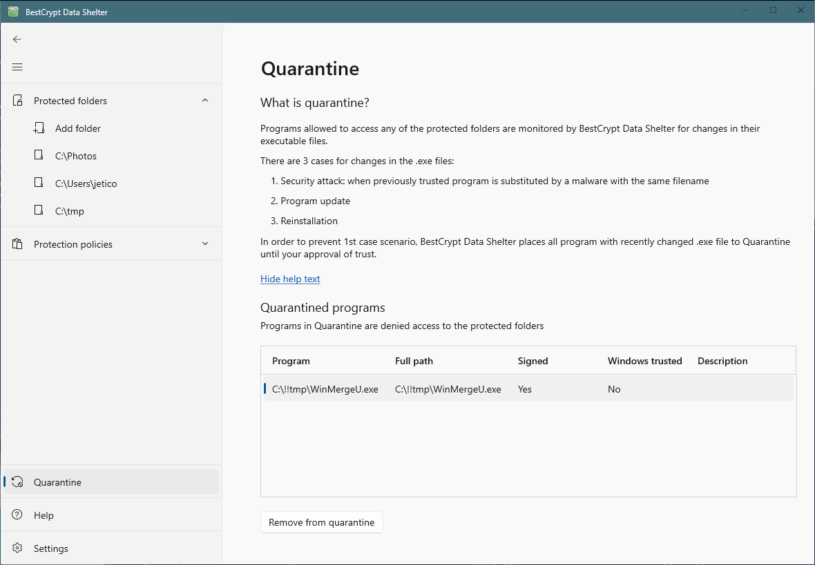 Dialog window with the list of quarantined programs