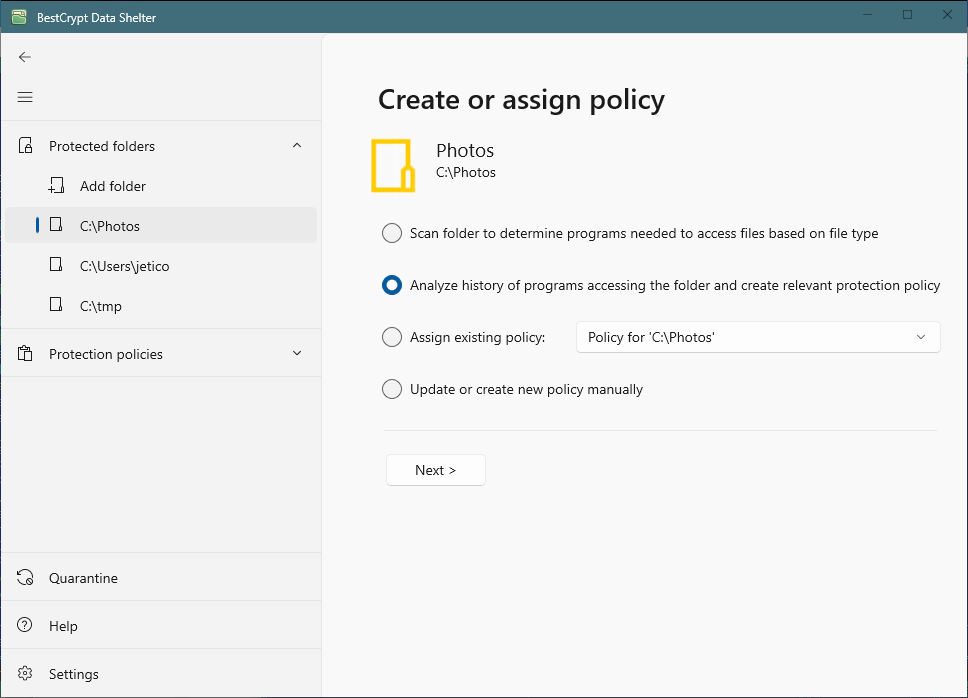 Setting policy for the folder
