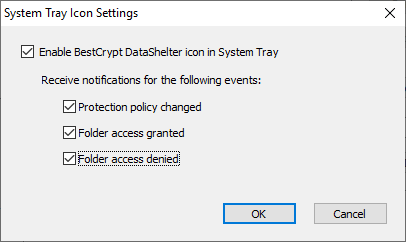 Options of the BestCrypt DataShelter system tray icon
