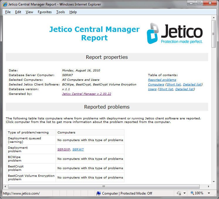 Example of Jetico Central Manager report
