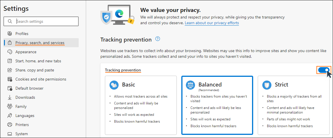A screenshot showing how to prevent tracking in Microsoft Edge with Windows 11
