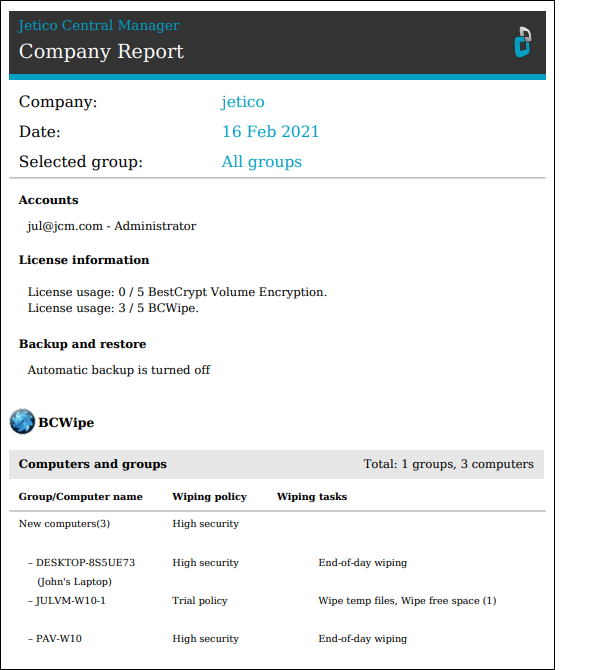 Sample of wiping report generated by Jetico Central Manager