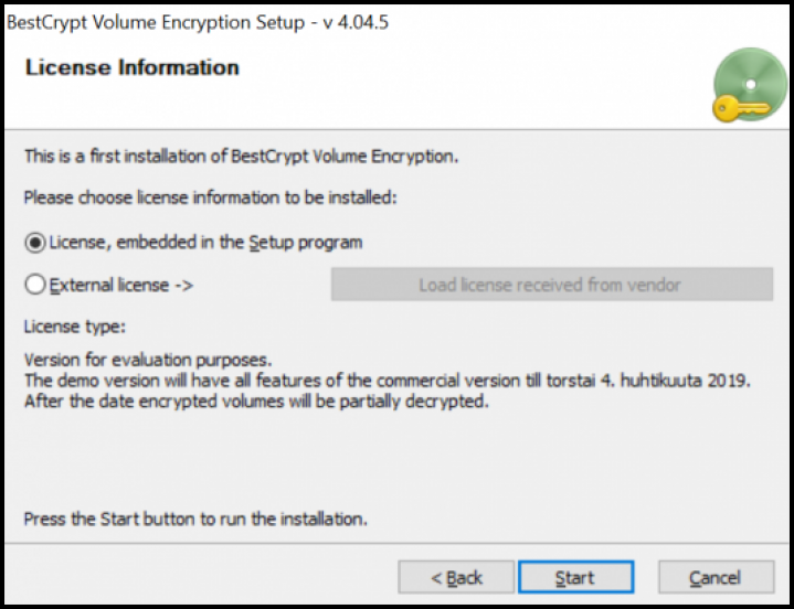 Screenshot setup of license selection in BestCrypt Volume Encryption
