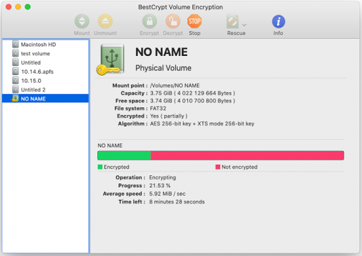 Screenshot of encryption process BestCrypt Volume Mac