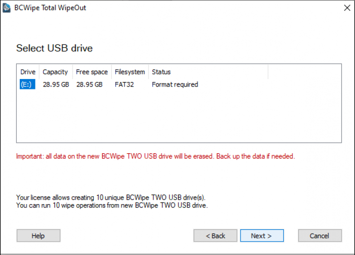 Select USB drive BCWipe TWO sreenshot