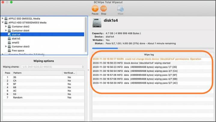 Screenshot of BCWipe interface for Mac highlighting log file