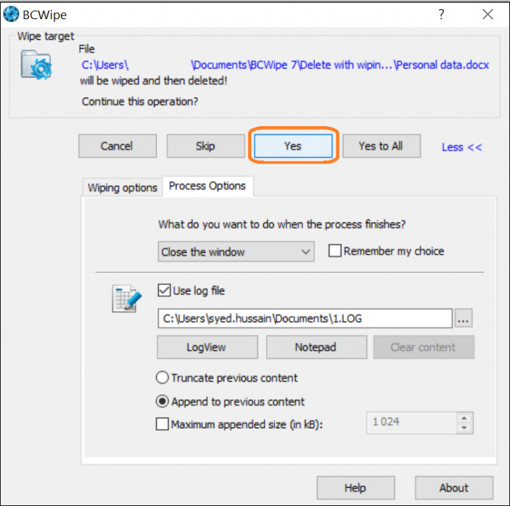 Screenshot of BCWipe interface highlighting how to start the wiping