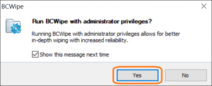Skjermbilde Av BCWipe-grensesnittet fremhever hvordan du aktiverer administratorrettigheter