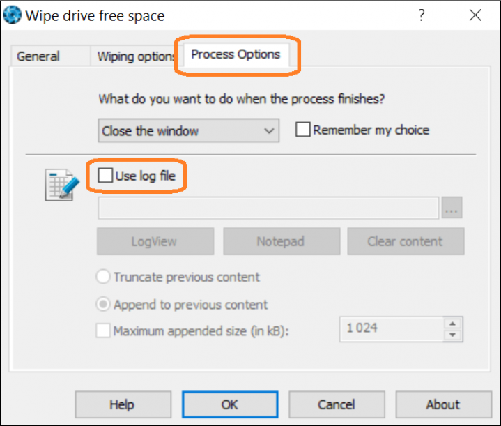 Screenshot of BCWipe interface highlighting how to enable log file, wipe free space