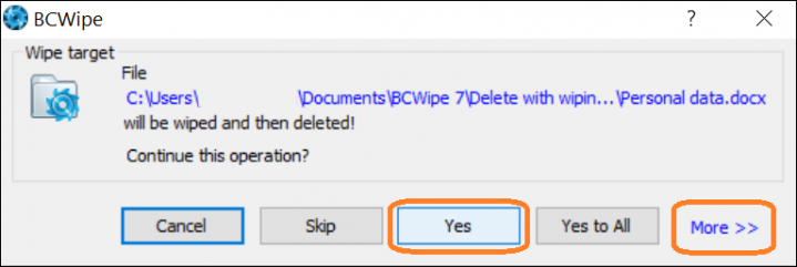 Screenshot of BCWipe interface highlighting how to review wiping settings