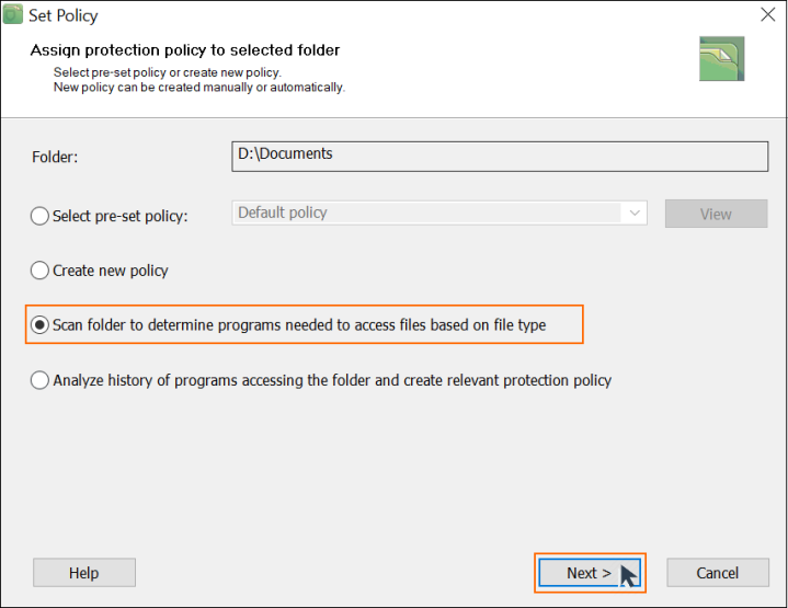 A screenshot about setting protection policy in BestCrypt Data Shelter