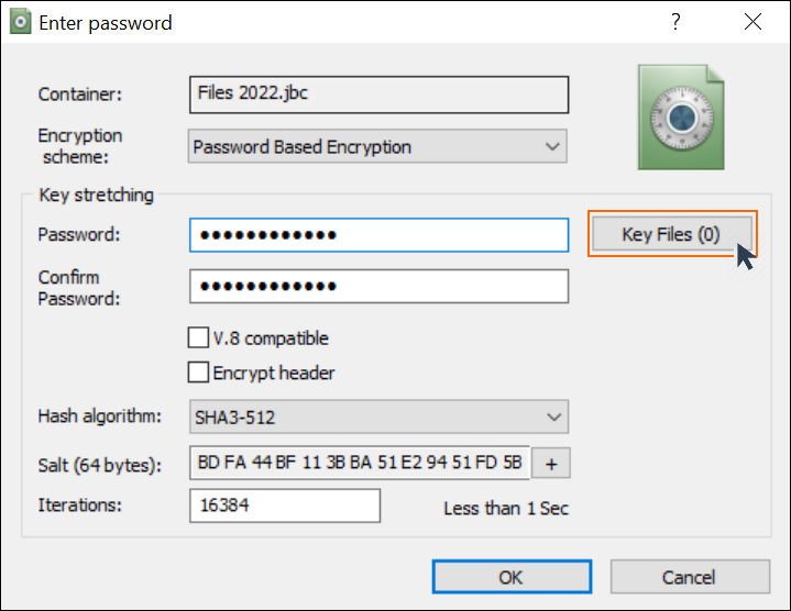 A screenshot showing how to add Key Files in BestCrypt