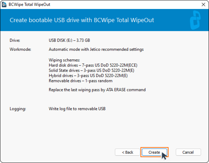 A screenshot showing how to create bootable USB drive in BCWipe Total WipeOut