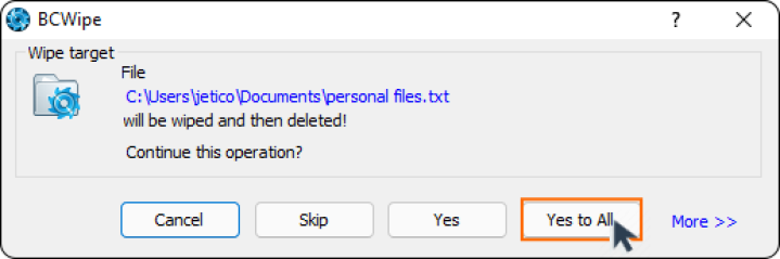 A screenshot showing how to delete data with BCWipe