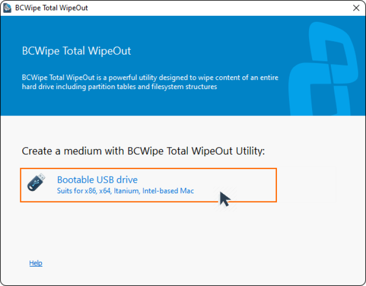 A screenshot showing how to select bootable drive in BCWipe Total WipeOut