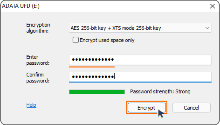 A screenshot of encrypt password creation in BCVE