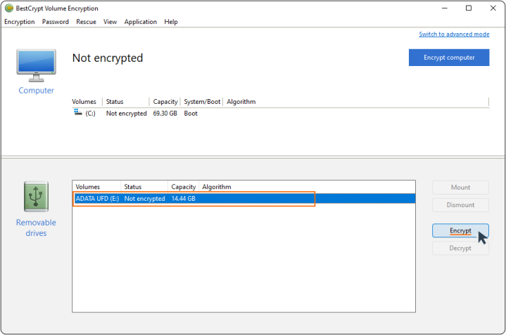 A screenshot showing how to encrypt removable drive in BCVE