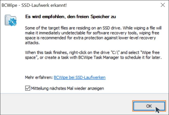 A screenshot showing how to wipe free space with BCWipe, German