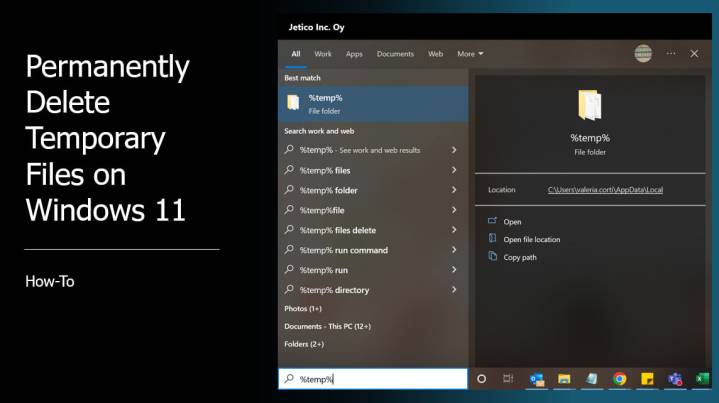 Screenshot showing how to open the temporary file folder from the start menu before permanently deleting them in Windows 11
