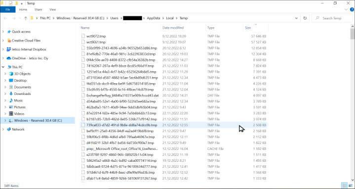 Screenshot of the folder call Temp containing temporary files