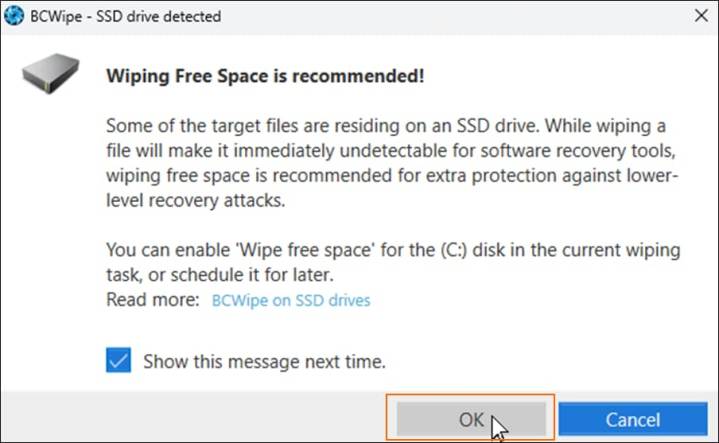 Screenshot showing which message is displayed when deleting temporary files on SSD