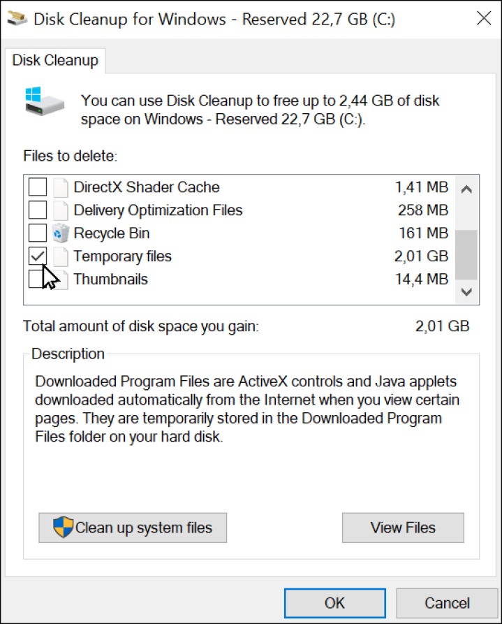 Screenshot showing how to erase the temporary files with Disk Cleanup by Windows