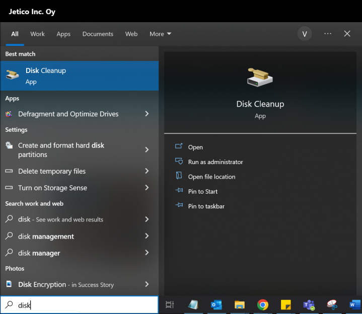 screenshot showing how to open disk cleanup in Windows 10