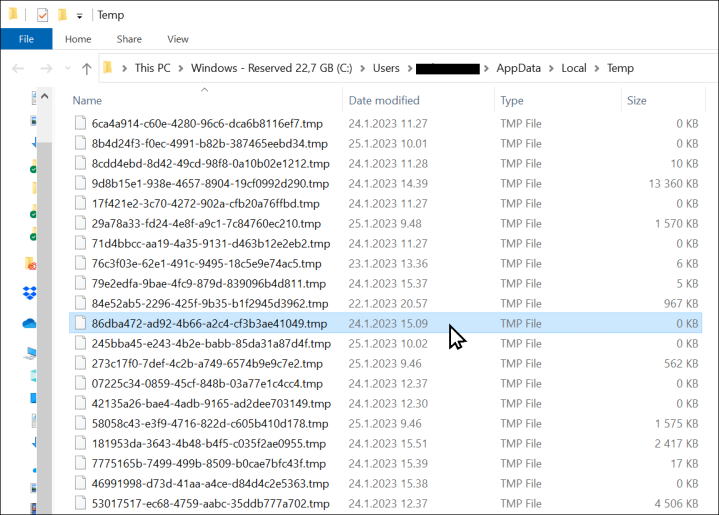 Screenshot showing folder containing TMP files