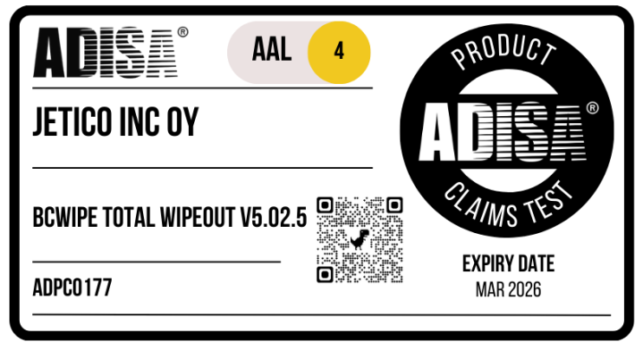 Offical ADISA certificate with QR code for BCWipe Total WipeOut erasure software