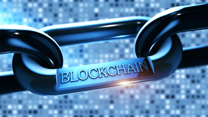 Image of a chain with digital background and written blockchain referring to blockchain technology 
