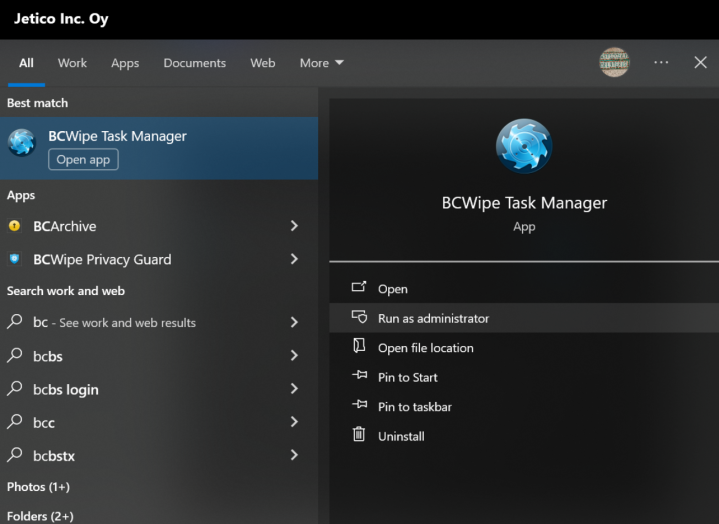 Screenshot showing how to run BCWipe as Administrator